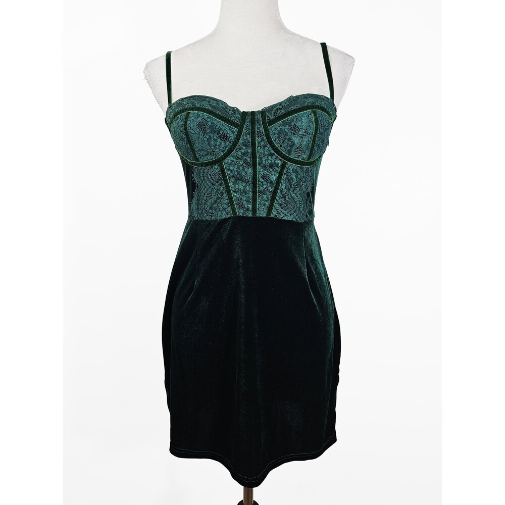 Cider Medium Green Velvet Lace Bustier Mini Bodycon Dress